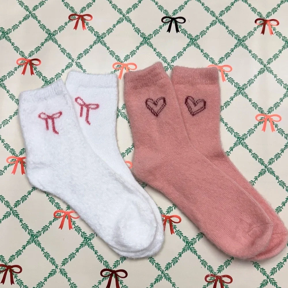 Cute Pink and White Socks with Heart and Bow Designs